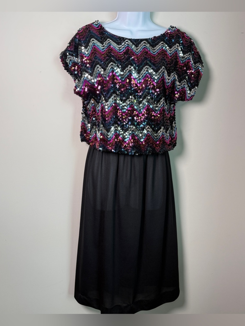 Toni Todd Vintage Black Sequin Chevron Blouson Disco Dress Made in USA ILGWU